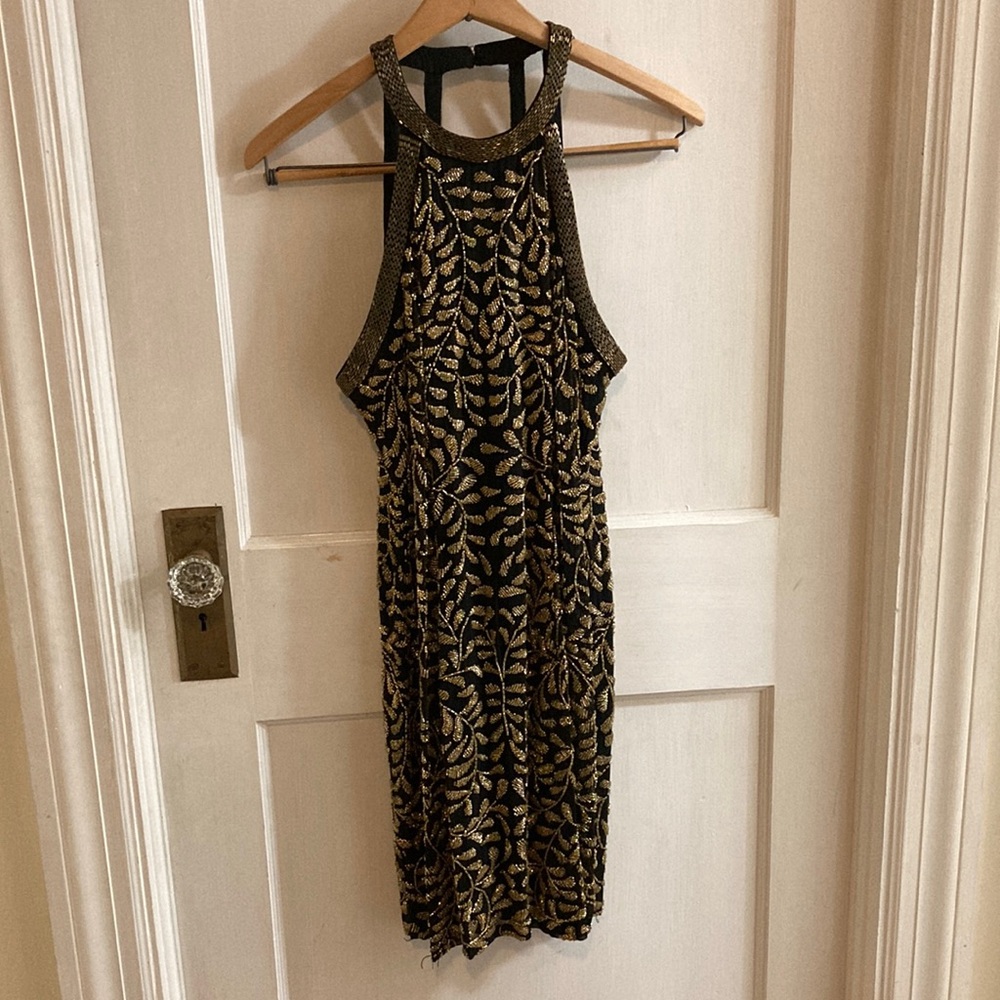 Elegant Vintage Black and Gold Embroidered Beaded Silk Dress